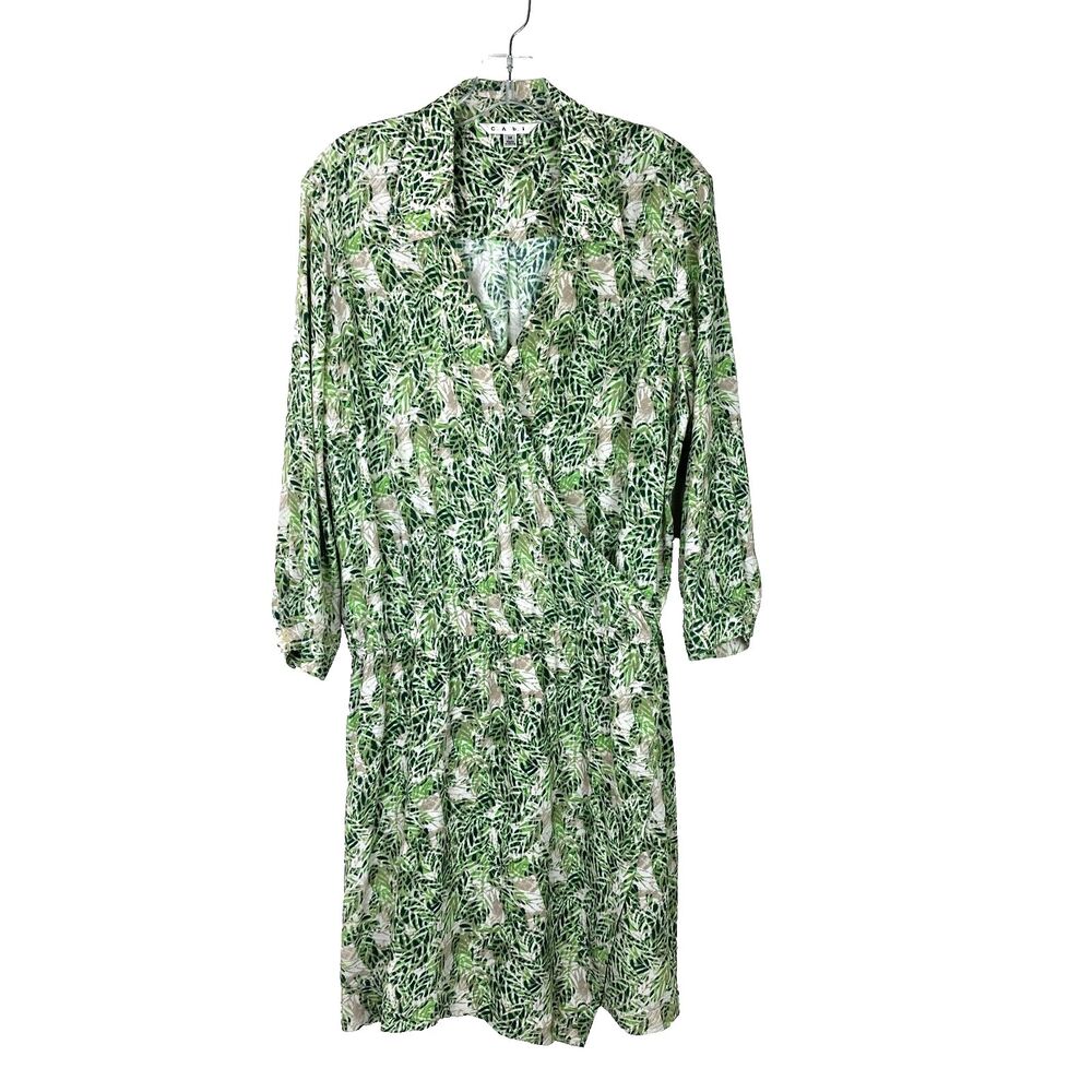 CAbi Women's Faux Wrap Dress Size M Green Leaf Print Blouson Waist Tropical